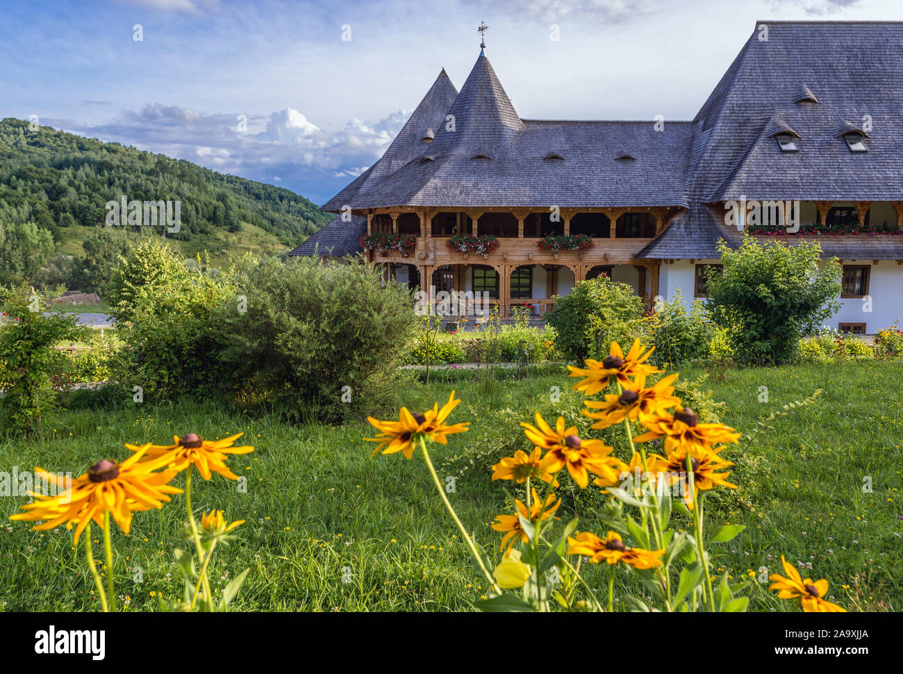 Main building of monastery in Barsana village, located in Maramures County of Romania Stock Photo
