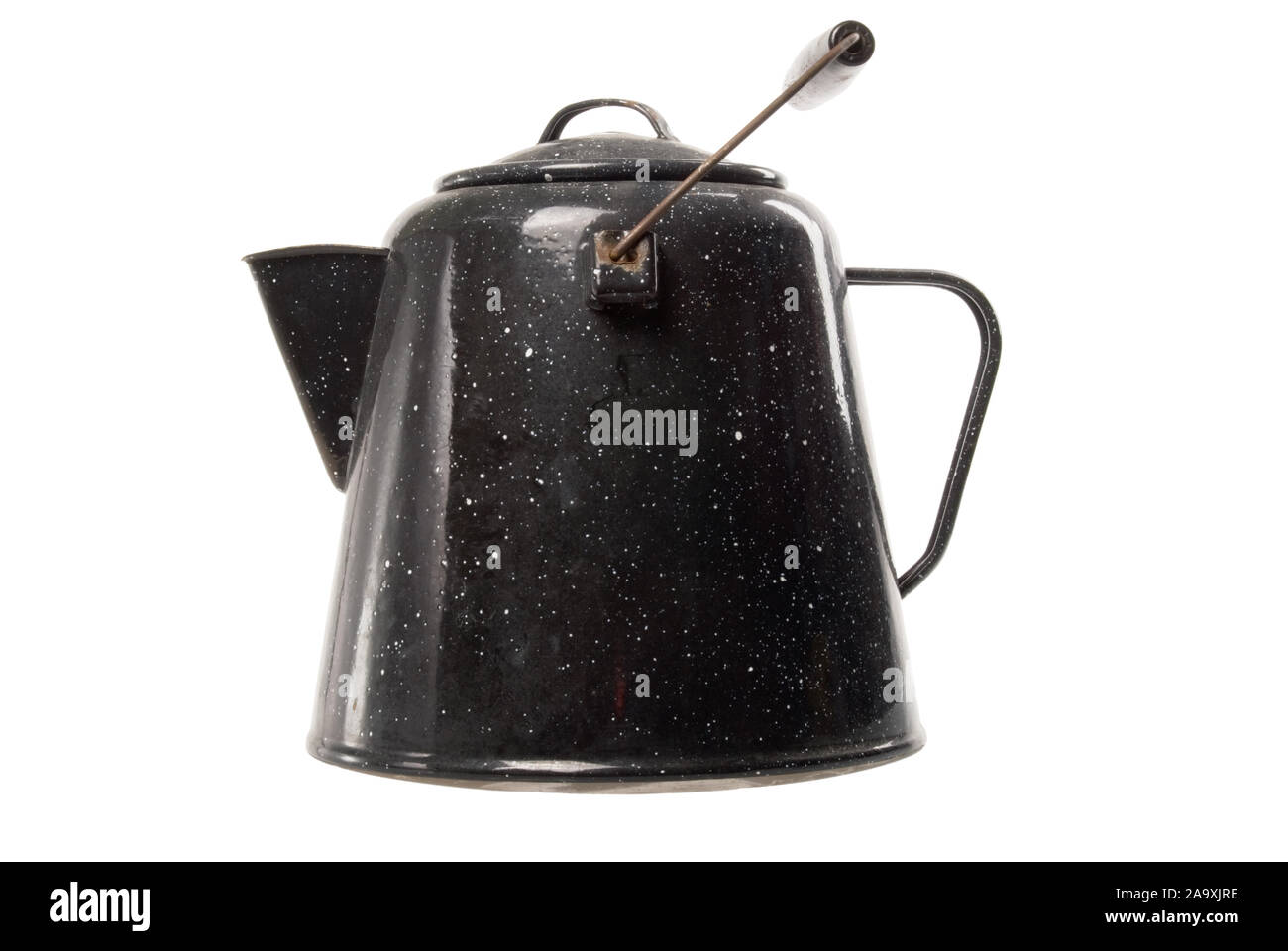 One antique enamel coated tea or coffee pot on an isolated white