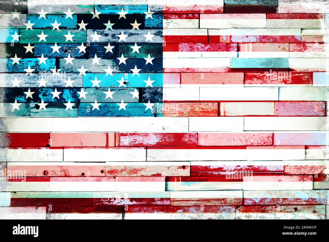 US american flag on old painted grunge wood planks background Stock Photo