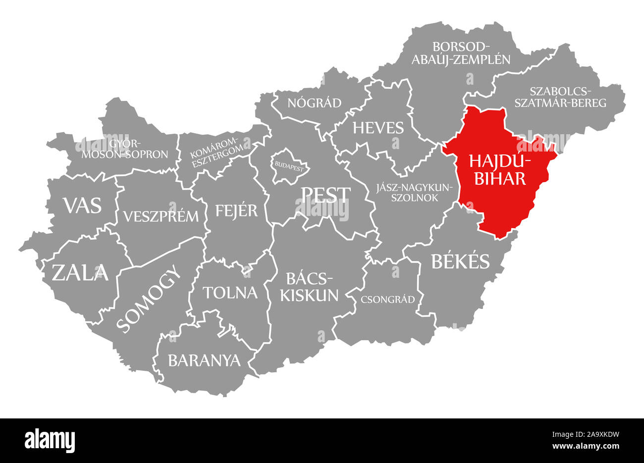 Hajdu-Bihar red highlighted in map of Hungary Stock Photo