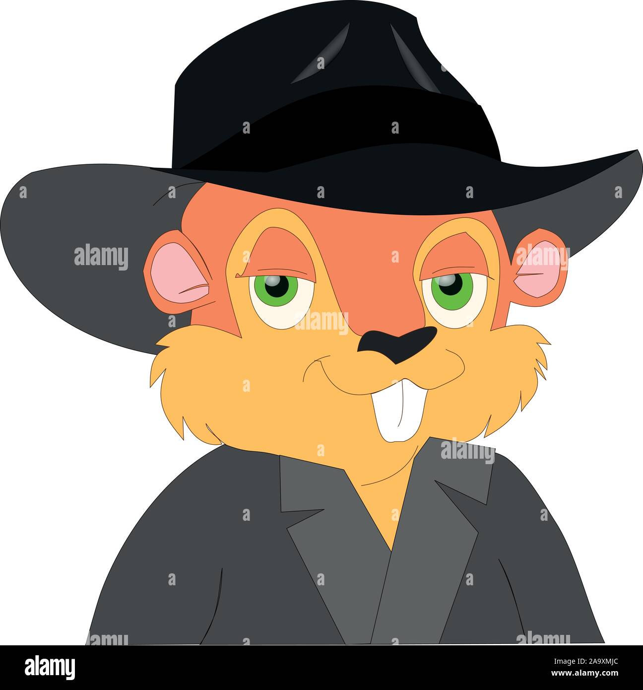 well dressed gentleman muskrat with black fedora hat. orange rodent with black hat and black coat looking like a secret agent. (Ondatra zibethicus) Stock Vector