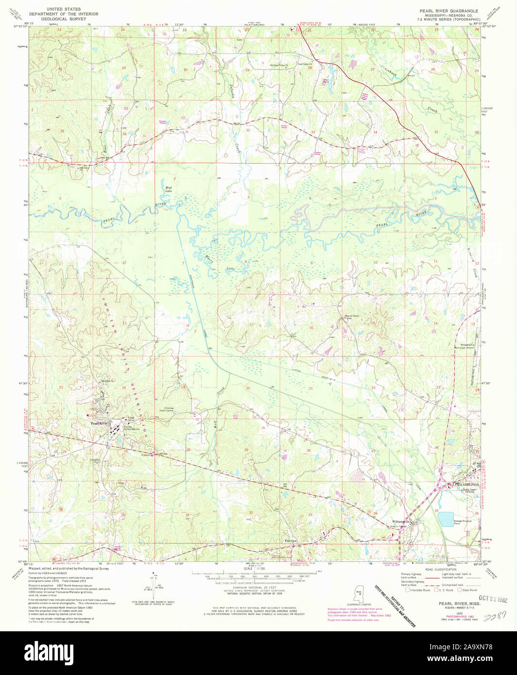 USGS TOPO Map Mississippi MS Pearl River 336261 1972 24000 Restoration Stock Photo