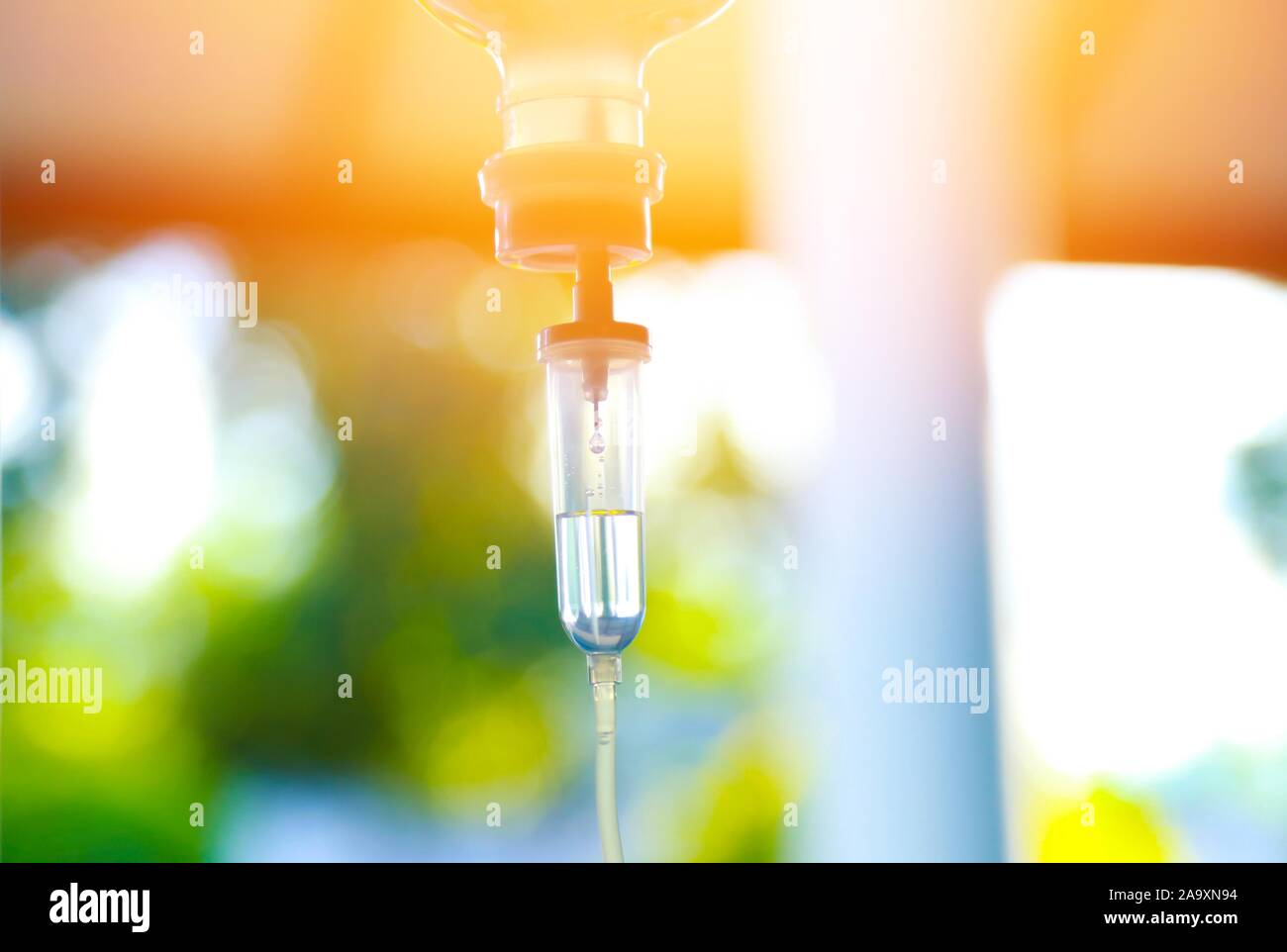 Set iv fluid intravenous drop saline drip hospital room,Medical Concept,treatment emergency and injection drug infusion care chemotherapy, concept.blu Stock Photo