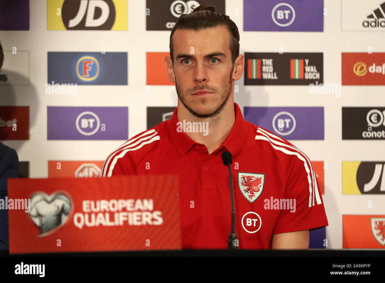 Cardiff, UK. 18th Nov, 2019. Gareth Bale of Wales at the Wales football team press conference at the Vale Resort, Hensol, near Cardiff, South Wales on Monday 18th November 2019. the team are preparing for their UEFA Euro 2020 qualifying match against Hungary tomorrow. pic by Andrew Orchard/Alamy Live News Stock Photo