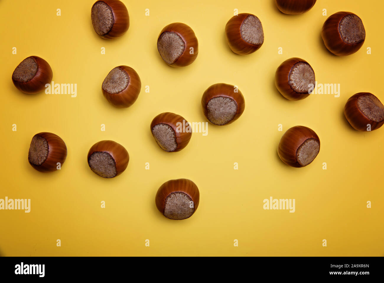 Unpeeled hazelnuts on a yellow background. Flatley. Copy space. Stock Photo