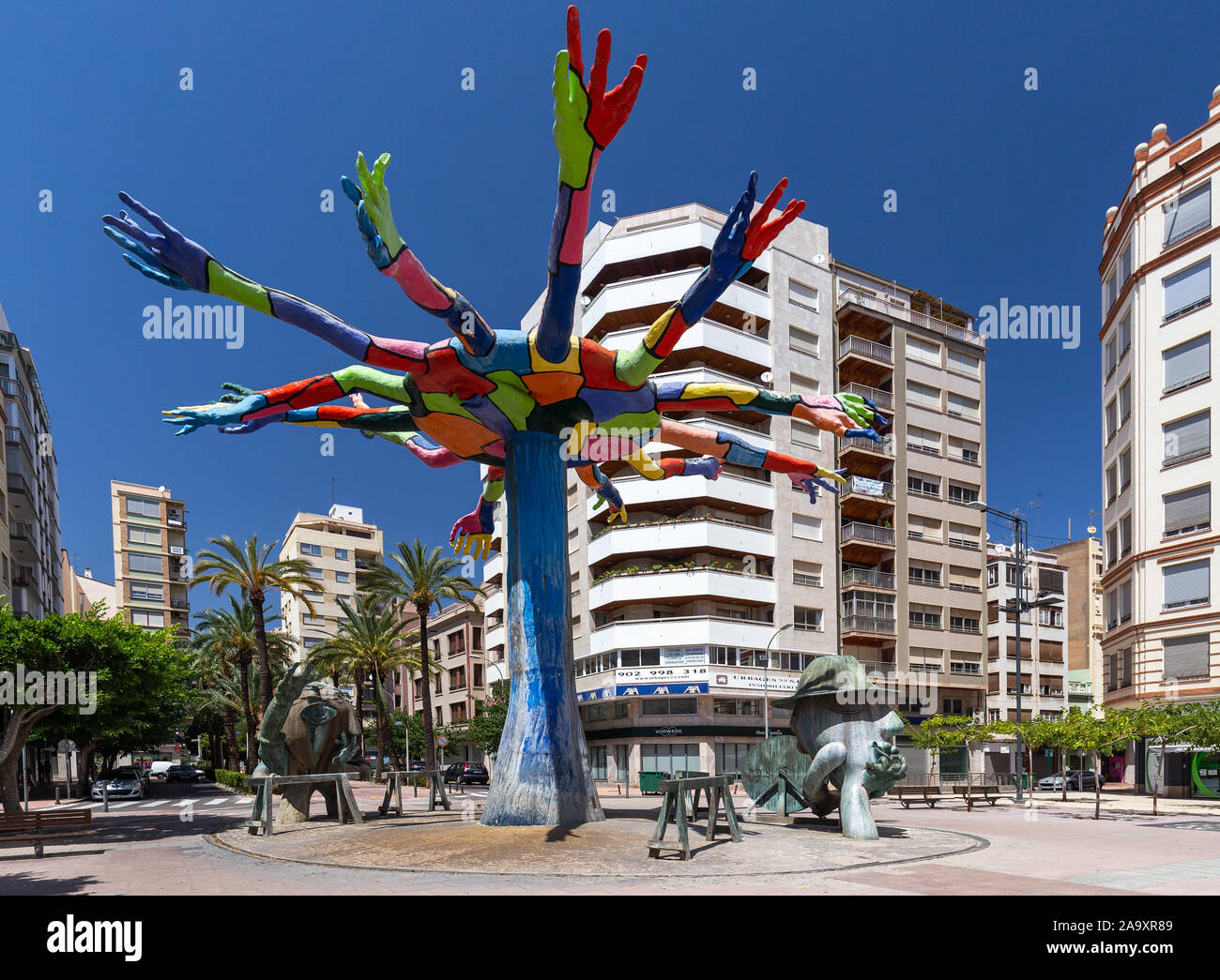 Sculptures of Ripolles at Huerto Sogueros square, Castellon de la Plana, Spain - 2019.08.10. Biggest sculpture of regional artist Ripolles which are m Stock Photo