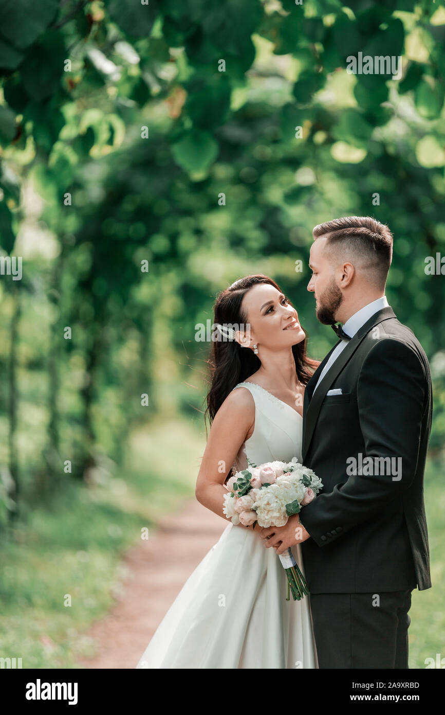 happy bride and groom standing under the wedding arch Stock Photo - Alamy