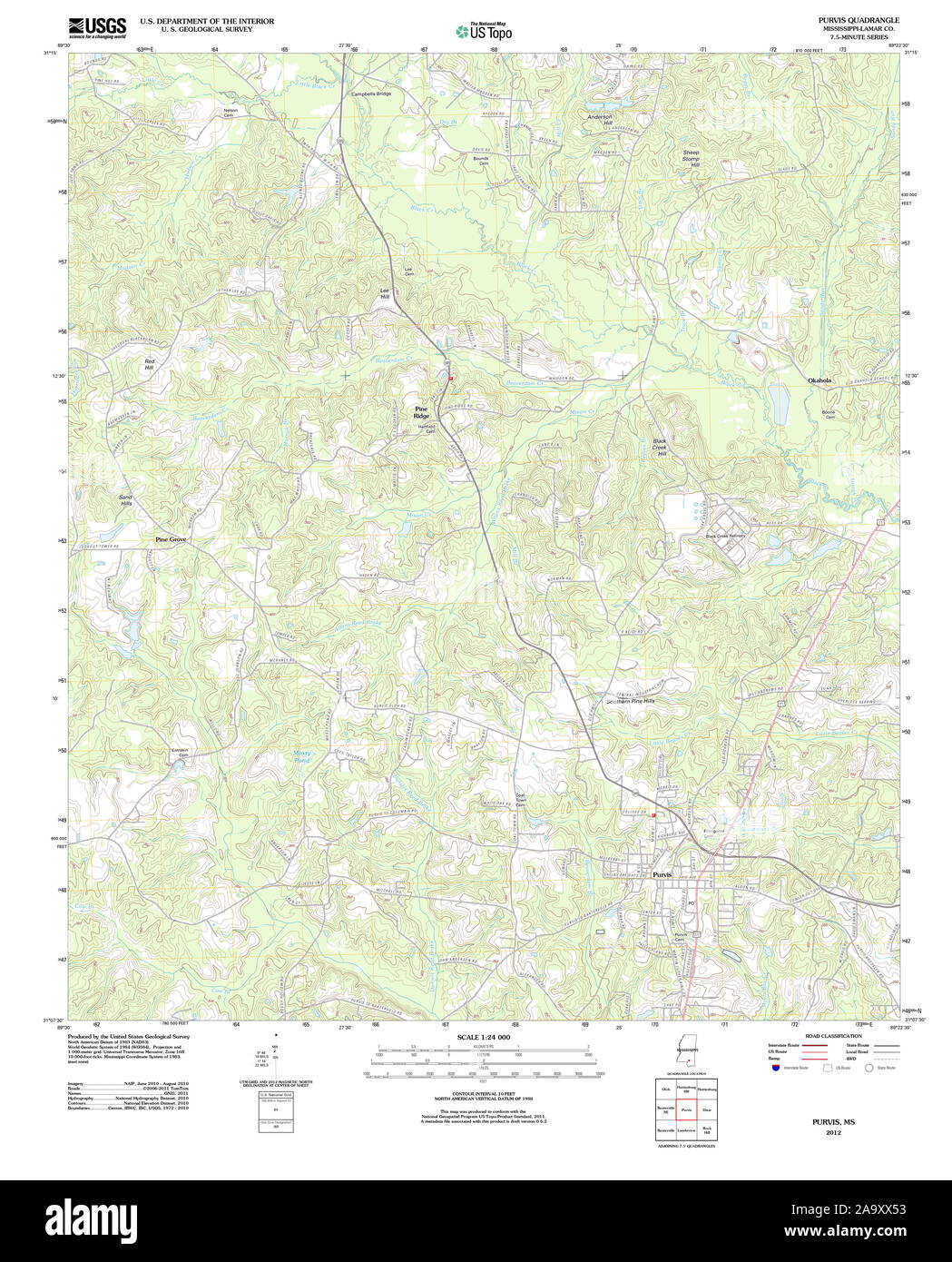 Purvis Map USGS TOPO Map Mississippi MS Purvis 20120322 TM Restoration Stock Photo ...