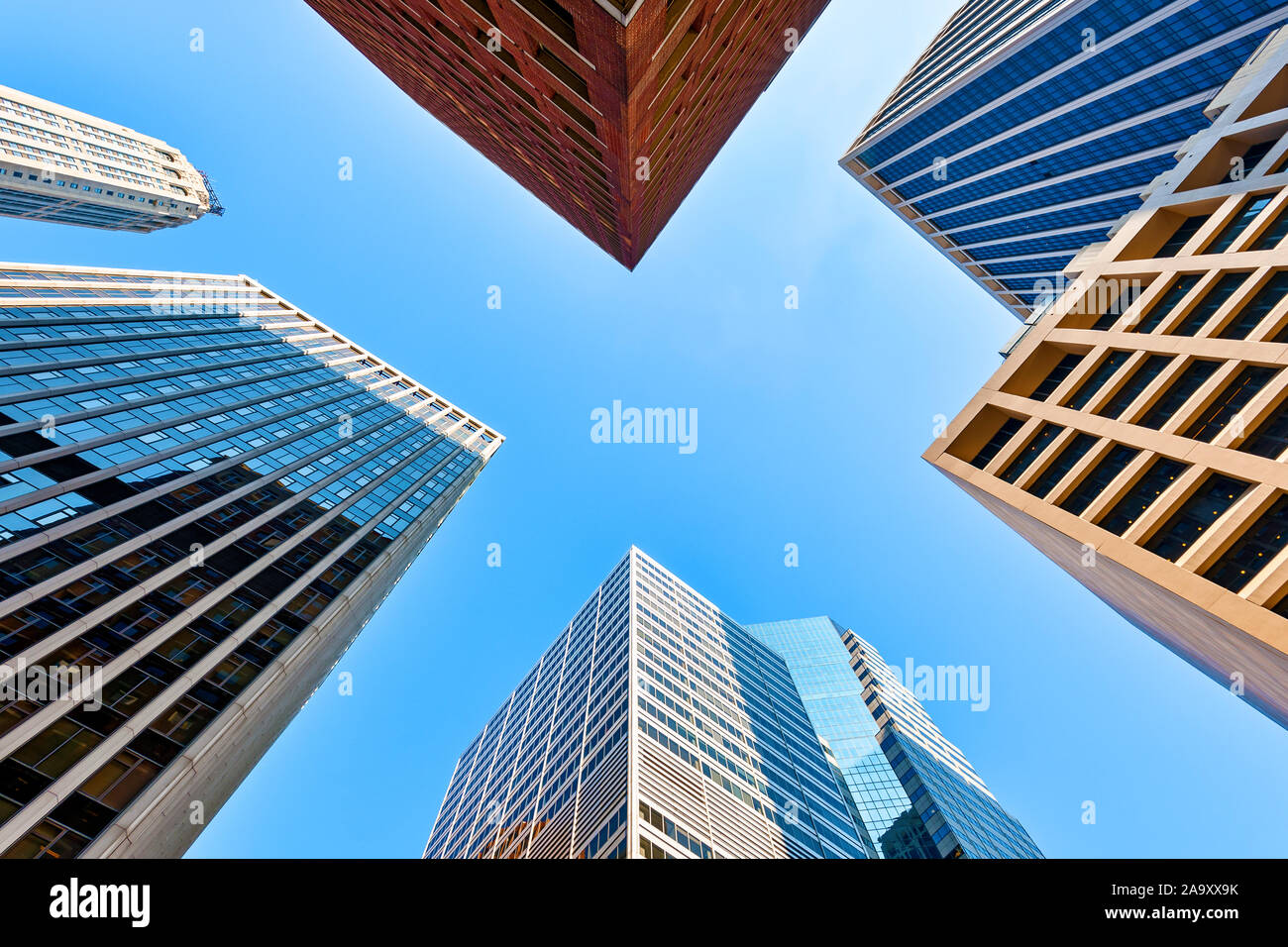 Looking up at Skyscrapers New York City Financial District Stock Photo