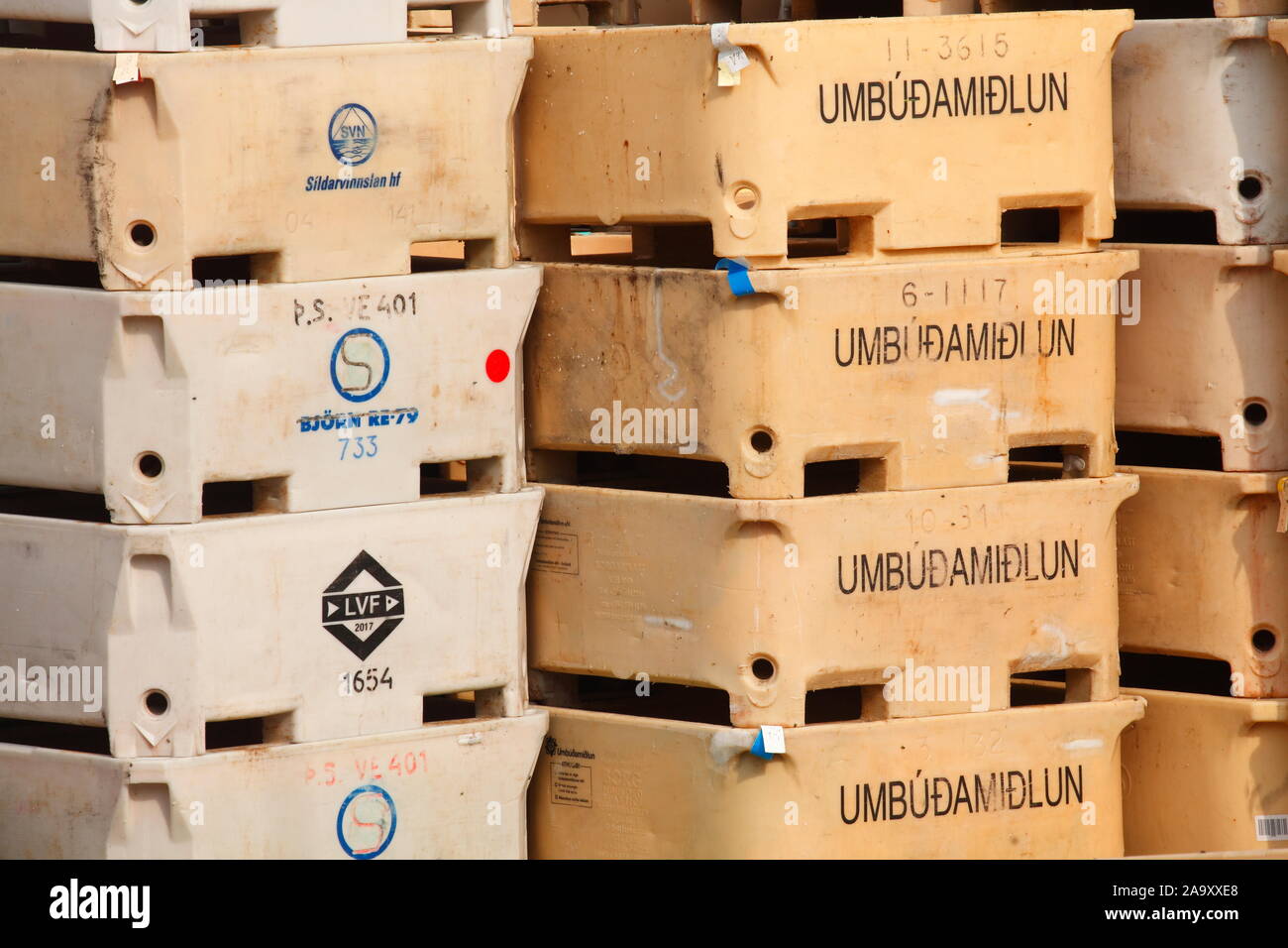 Stacked fish boxes, plastic boxes, fishing port, Bremerhaven, Bremen, Germany, Europe Stock Photo