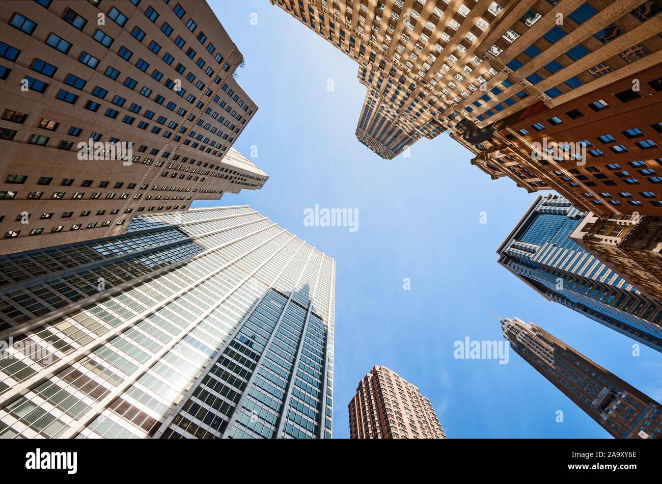 Looking up at Buildings New York City Financial District Skyscrapers Stock Photo