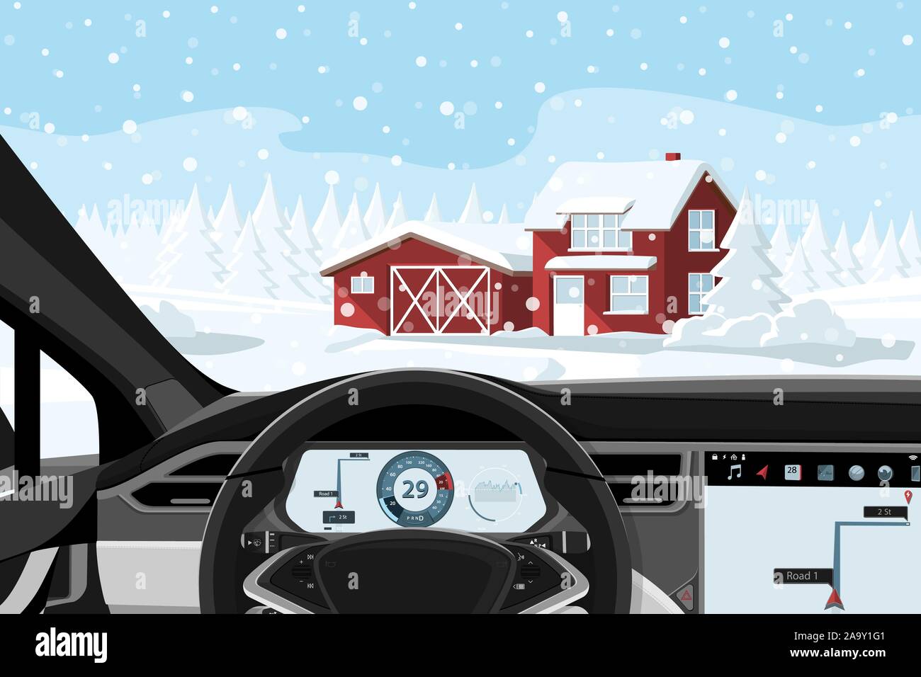 The car is driven on a winter road. Vector illustration Stock Vector