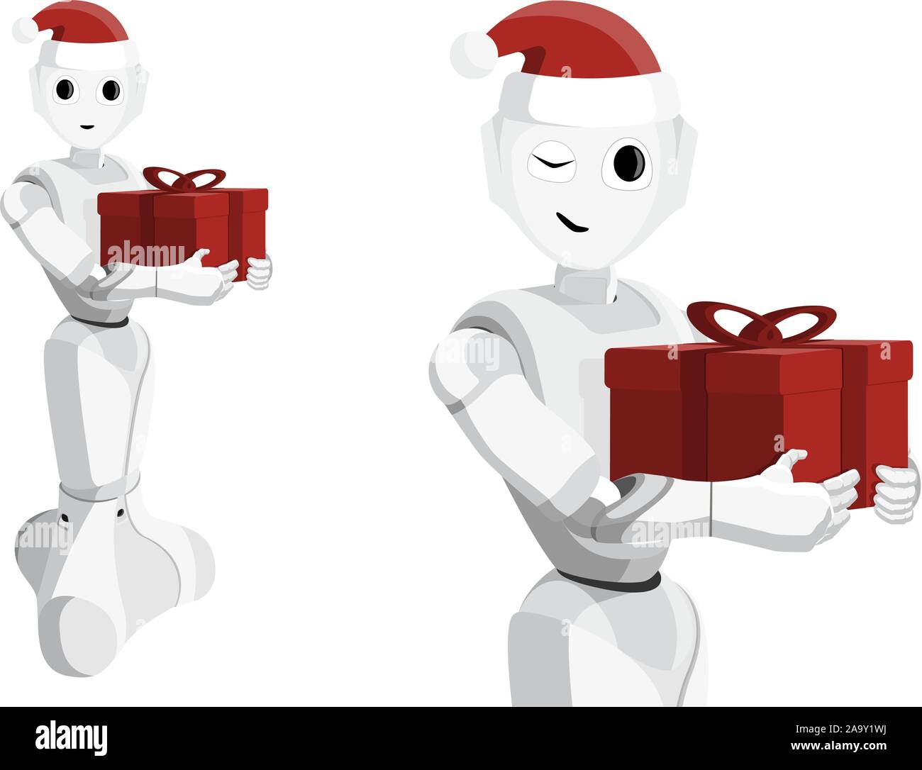 Robot with a Christmas gift in a box. Automated delivery service. Vector illustration Stock Vector