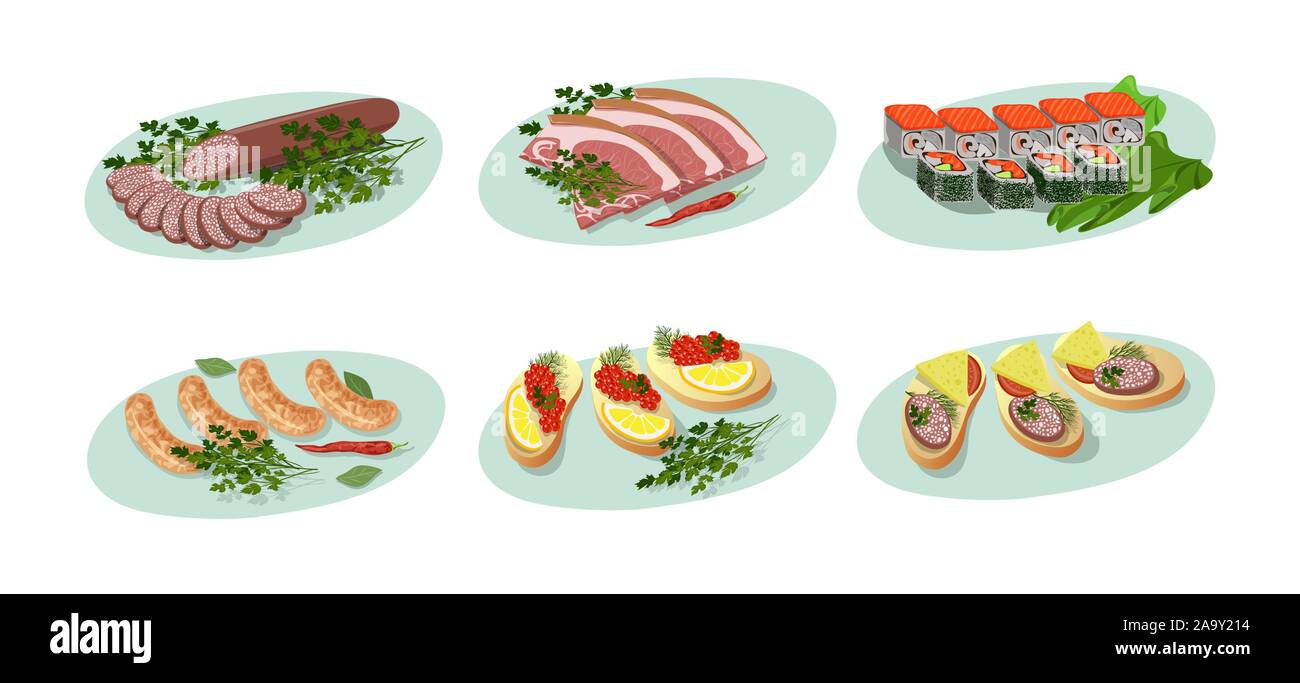 Set of isolated cold cuts and sandwiches. Appetizers with sausage, ham and caviar. Vector flat . Stock Vector