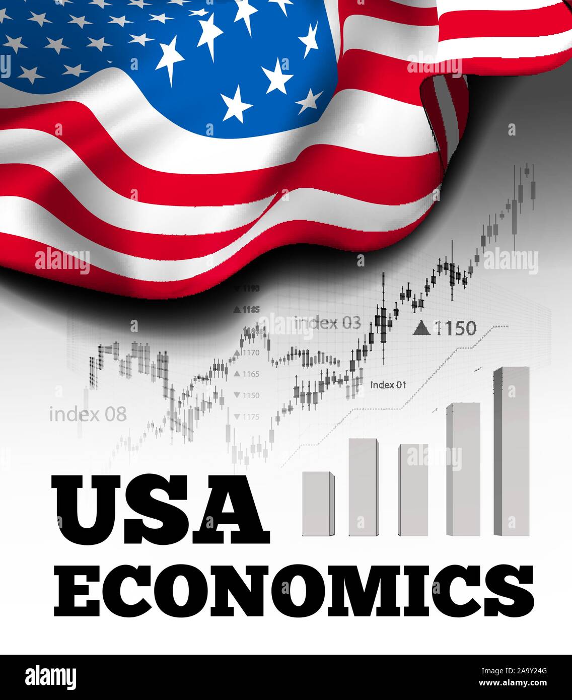 American economics vector illustration with flag of the USA and business chart, bar chart stock numbers bull market, uptrend line graph symbolizes the Stock Vector
