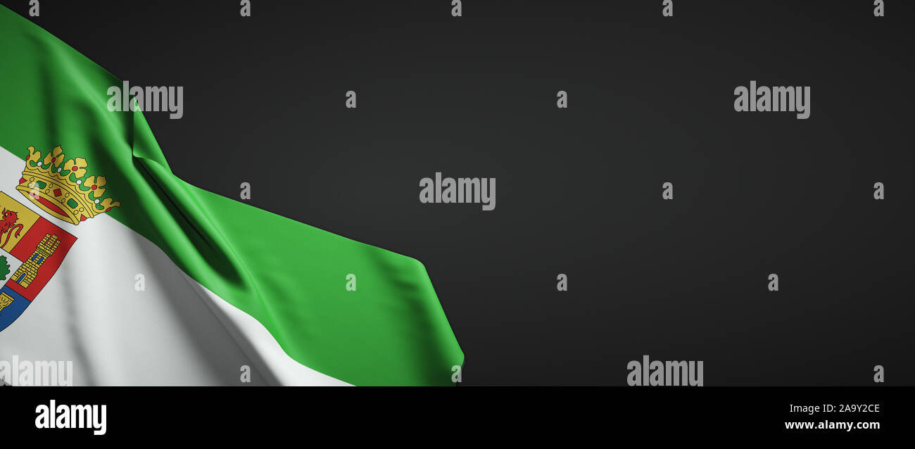 Flag of Extremadura cloth on dark background Stock Photo