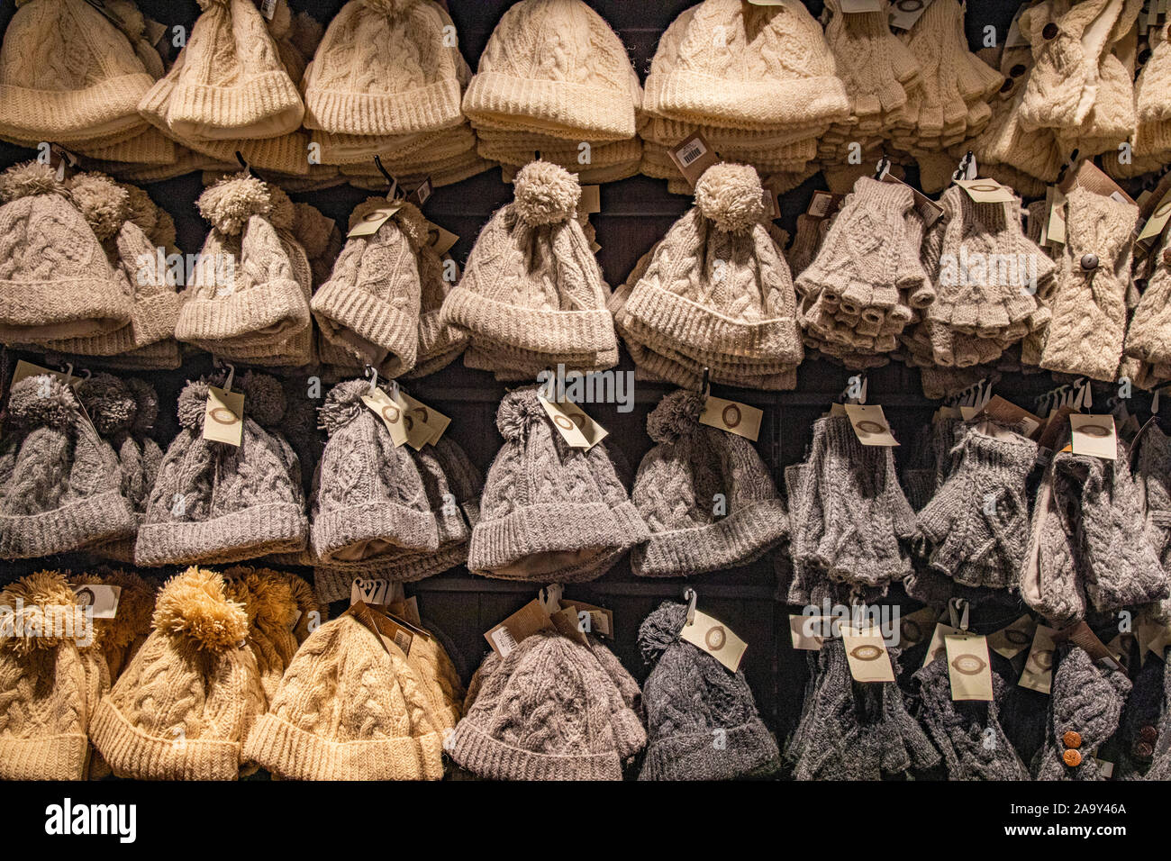 Wool Aran sweaters and garmets for sale in, store selling warm clothing in Galway  Ireland Stock Photo - Alamy
