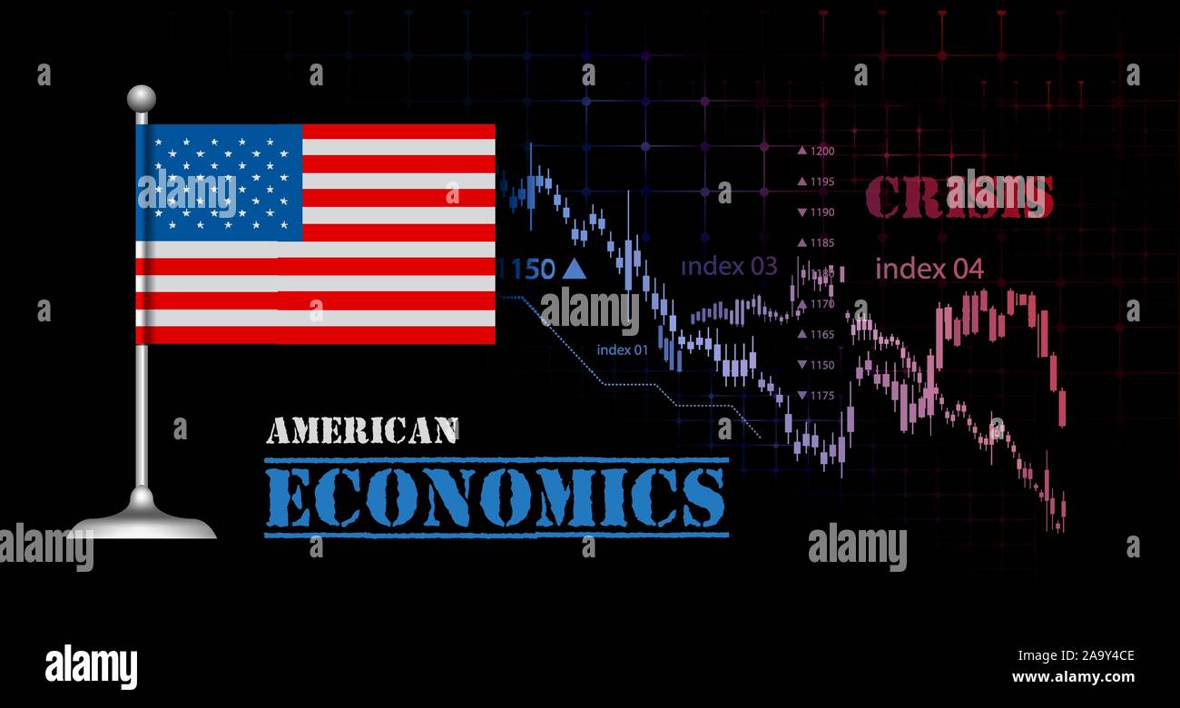 American economy vector illustration with USA flag and business graph, stock market bar graph bull market, downtrend graph symbolizes crisis Stock Vector