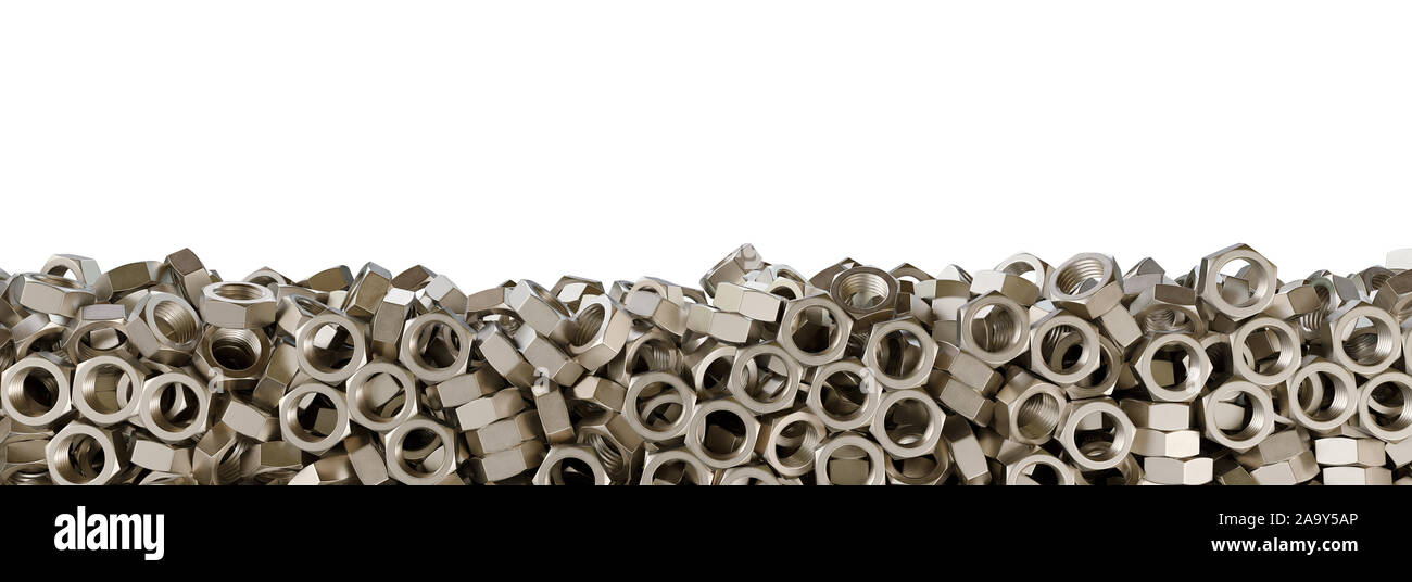 Isolated group of Metallic bolts and screw nuts. Industrial concept. 3d rendering illustration