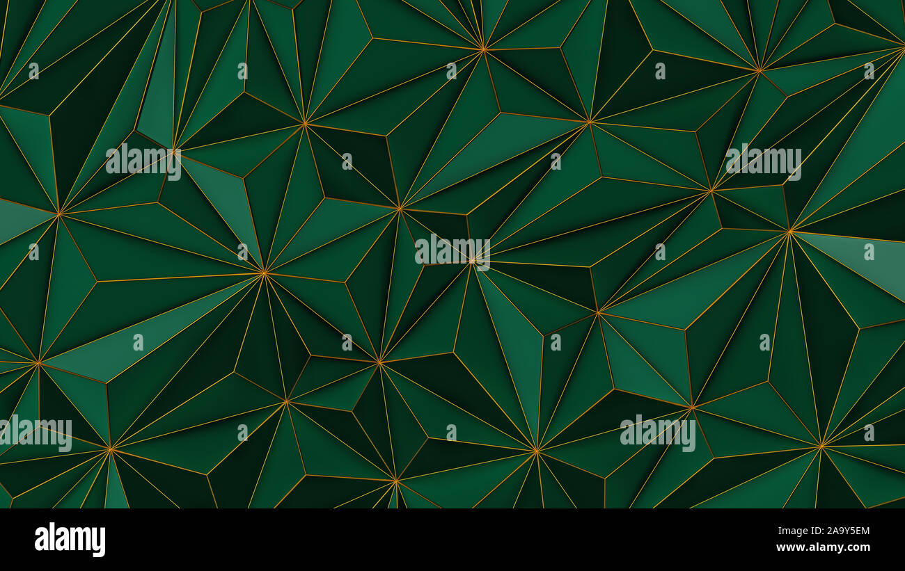 Abstract green low poly background with copy space and golden stripe 3d render Stock Photo