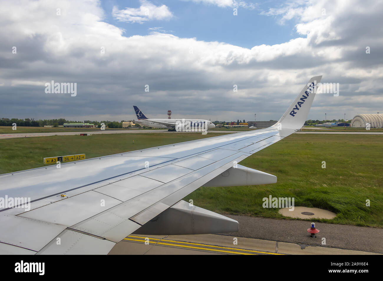 Budapest, Hungary - May 23, 2019 : View from passenger seat of a Ryanair plane landing at Budapest airport Stock Photo
