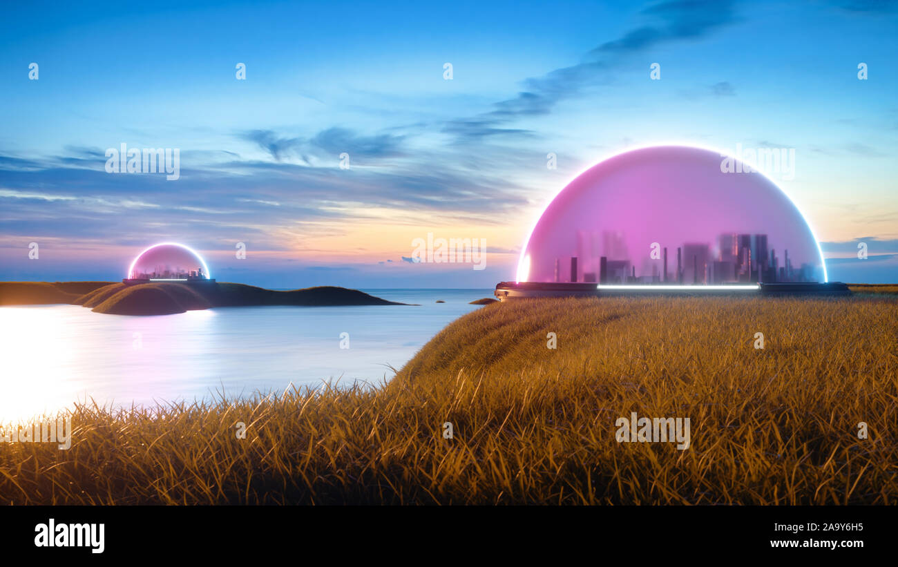 Illustration of abstract encapsulated futuristic cities, on earth or on new habitable planet with life and water, on island, isolation of human pollut Stock Photo