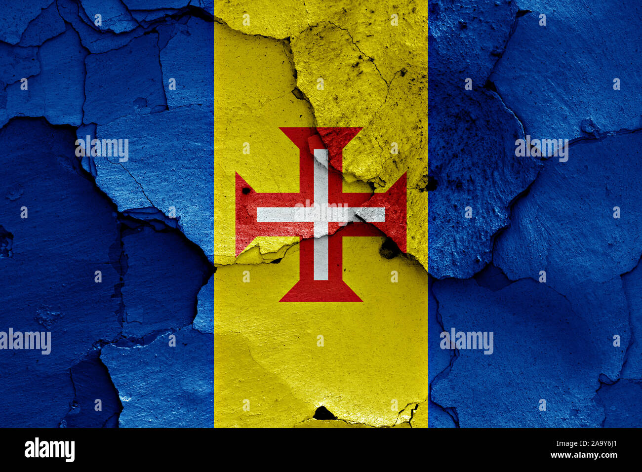 flag of Madeira painted on cracked wall Stock Photo