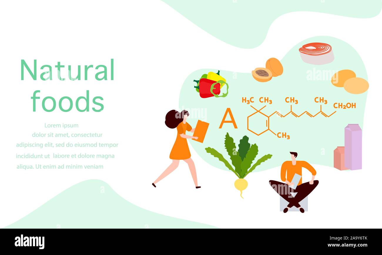 Vector illustration with people, healthy foods rich in vitamins. Healthy lifestyle, proper nutrition,  diet concept. Vitamin A sources. Design for app Stock Vector