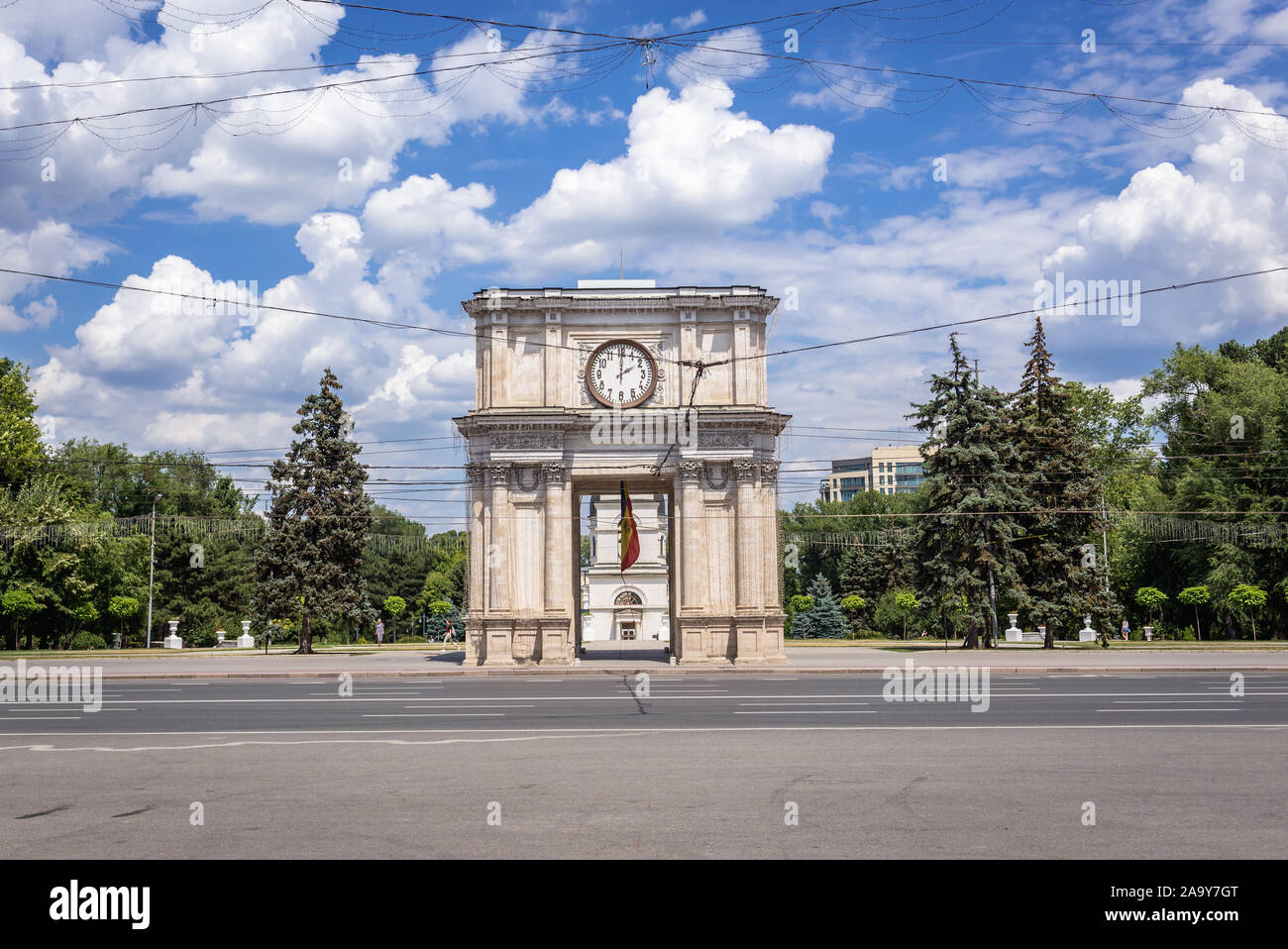 Triumphal arch on the Great National Assembly Square - central square of Chisinau, capital of the Republic of Moldova Stock Photo