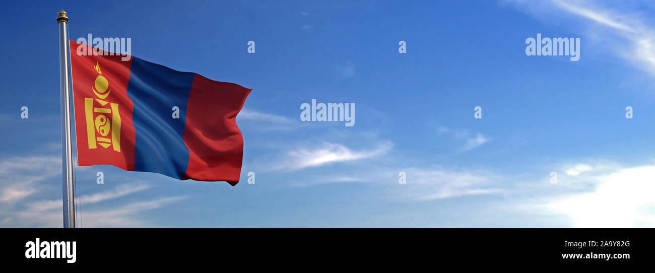 Flag of Mongolia rise waving to the wind with sky in the background ...
