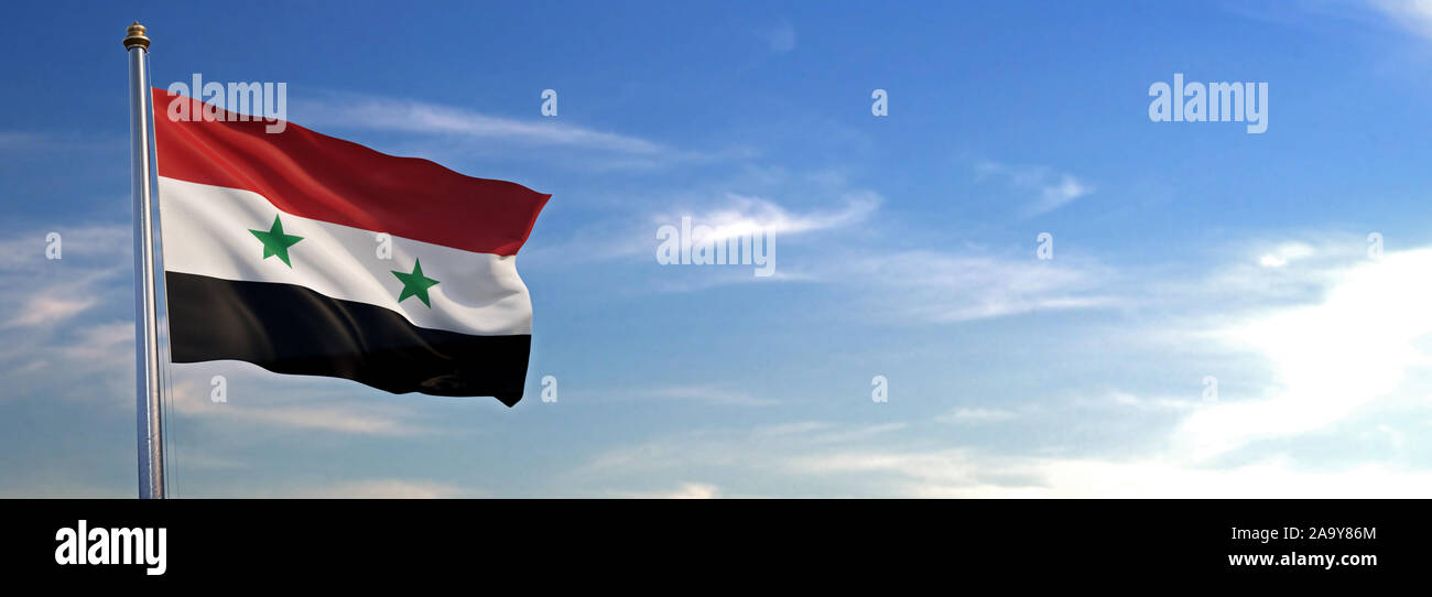 Flag of Syria rise waving to the wind with sky in the background Stock Photo