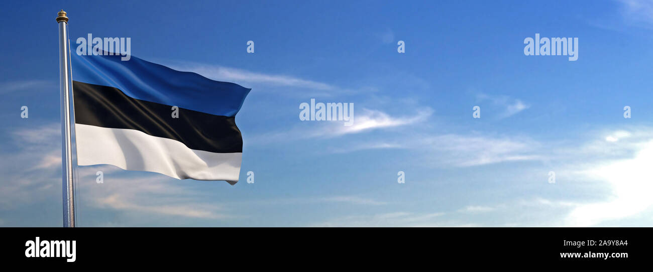 Flag of Estonia rise waving to the wind with sky in the background ...