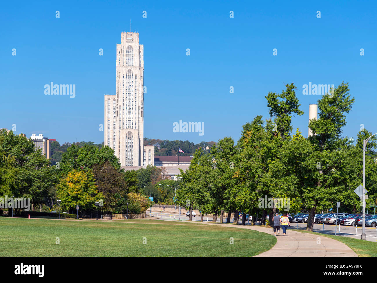 View from Schenley Park towards the Cathedral of Learning tower at the University of Pittsburgh, Oakland neighborhood, Pittsburgh, Pennsylvania, USA Stock Photo