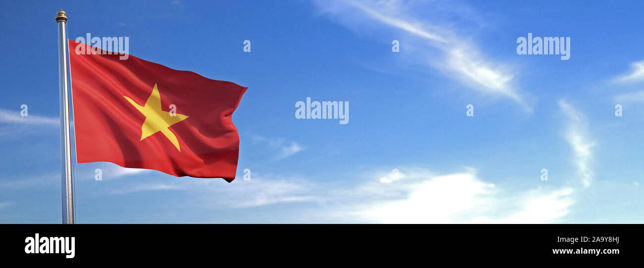 Flag of Vietnam rise waving to the wind with sky in the background Stock Photo