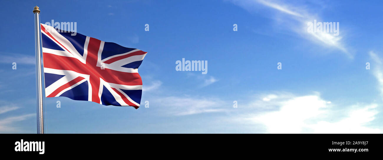 Flag of UK rise waving to the wind with sky in the background Stock Photo