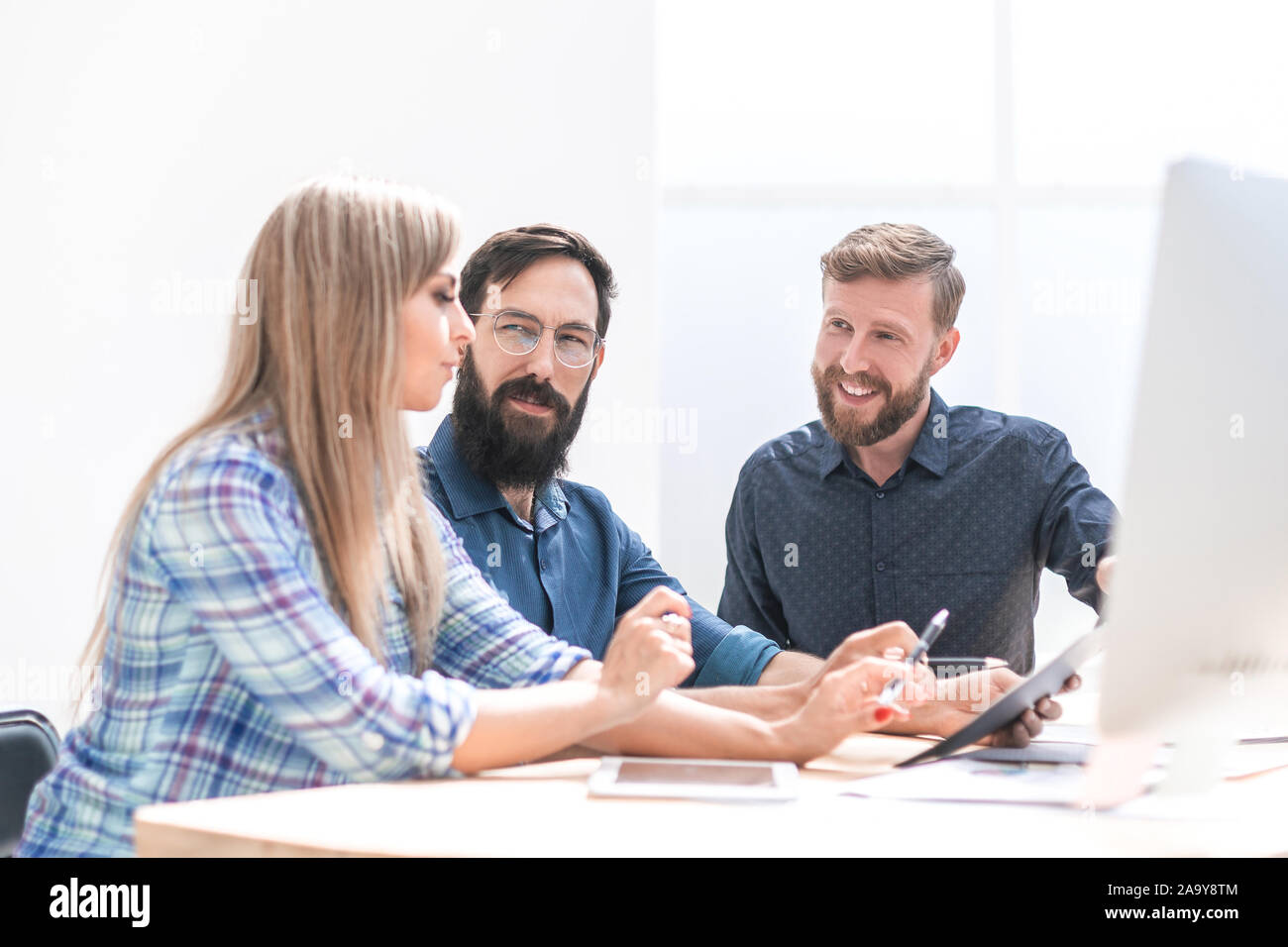 close up. design team discussing new project. Stock Photo