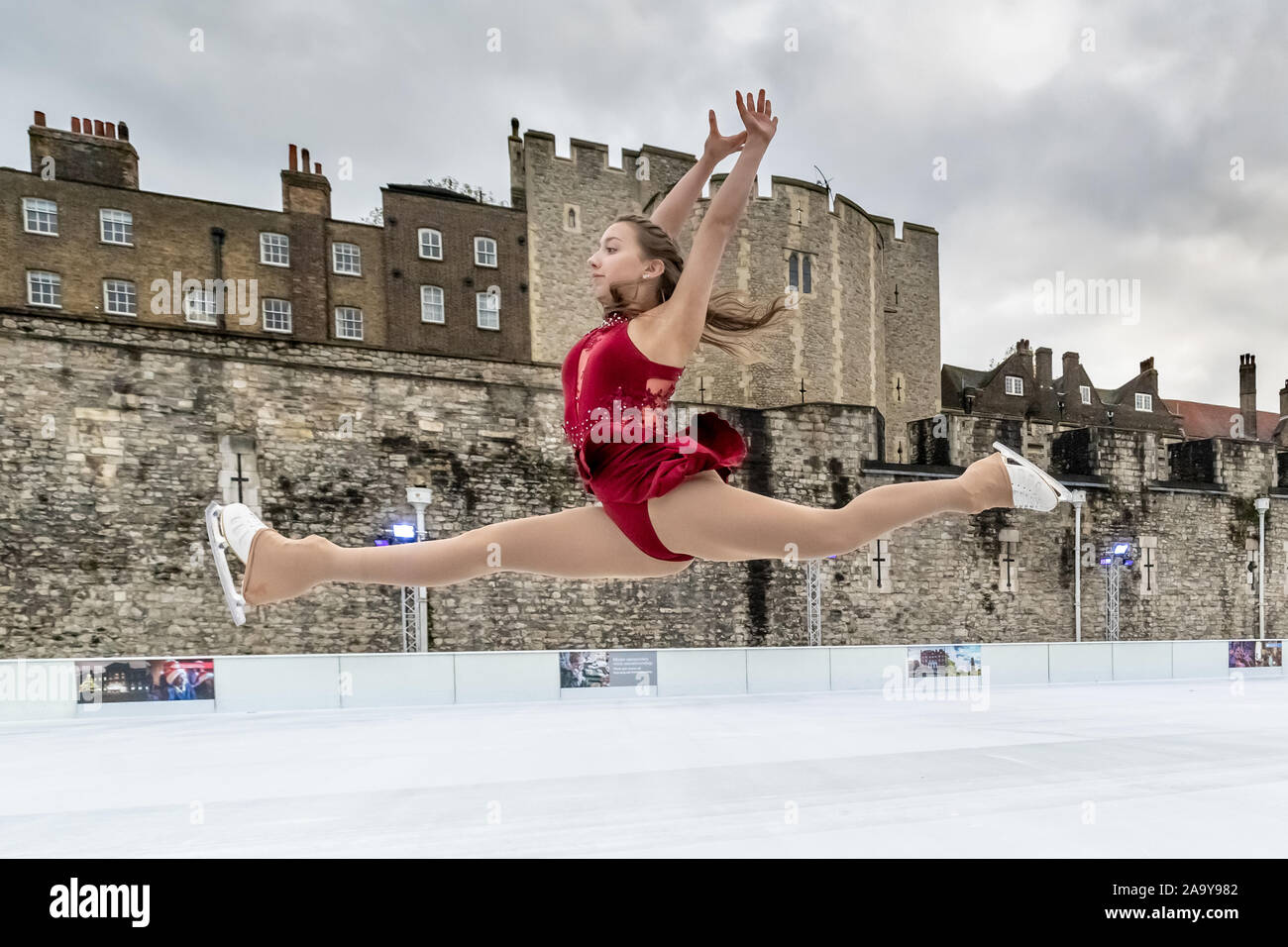 Kayla Fry, 16, International gold and silver medallist Team GB junior figure skater, performs at Tower of London ice rink. London, UK. Stock Photo