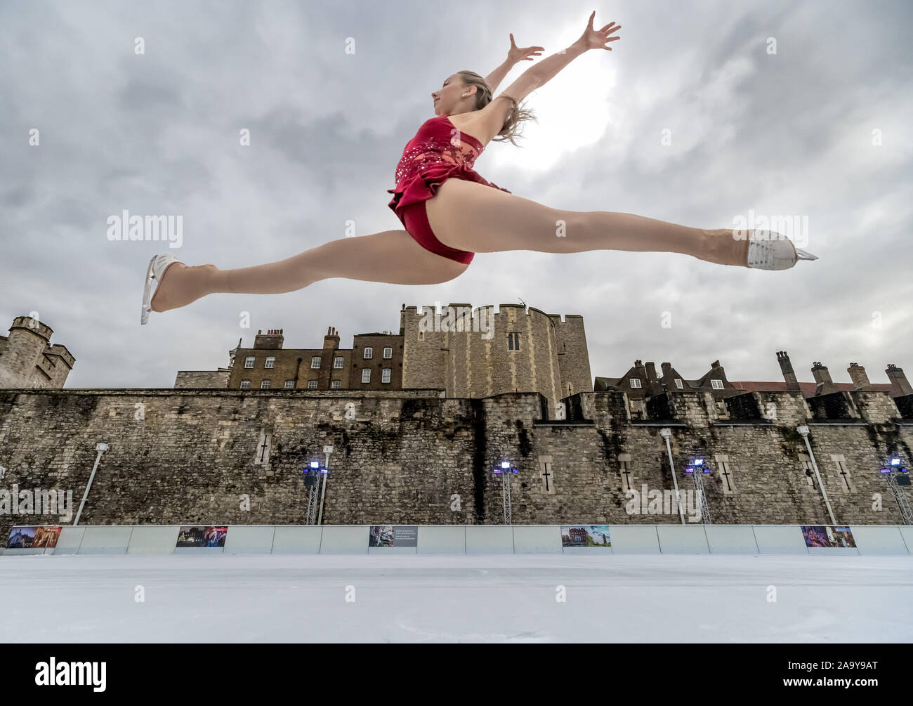 Kayla Fry, 16, International gold and silver medallist Team GB junior figure skater, performs at Tower of London ice rink. London, UK. Stock Photo