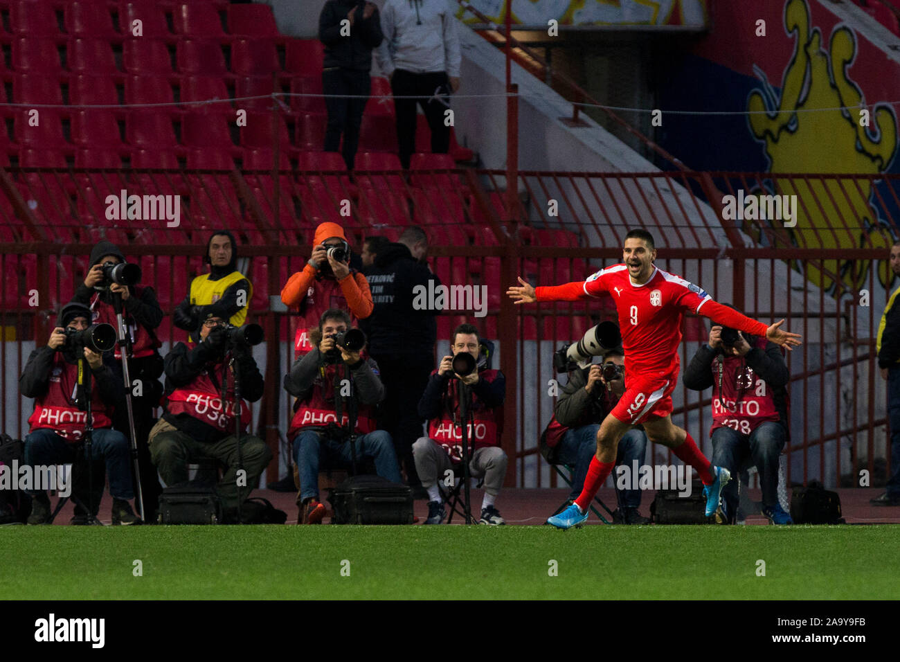 Belgrade, Serbia. 17th Nov, 2019. Aleksandar Mitrovic of Serbia celebrates after scoring his goal for 2-1 in 56th minute. Credit: Nikola Krstic/Alamy Live News Stock Photo