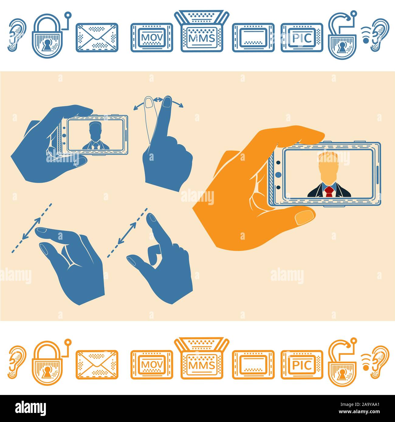 Set of Hand Holding Horizontally Mobile Phone With Man on Screen. Flat ...