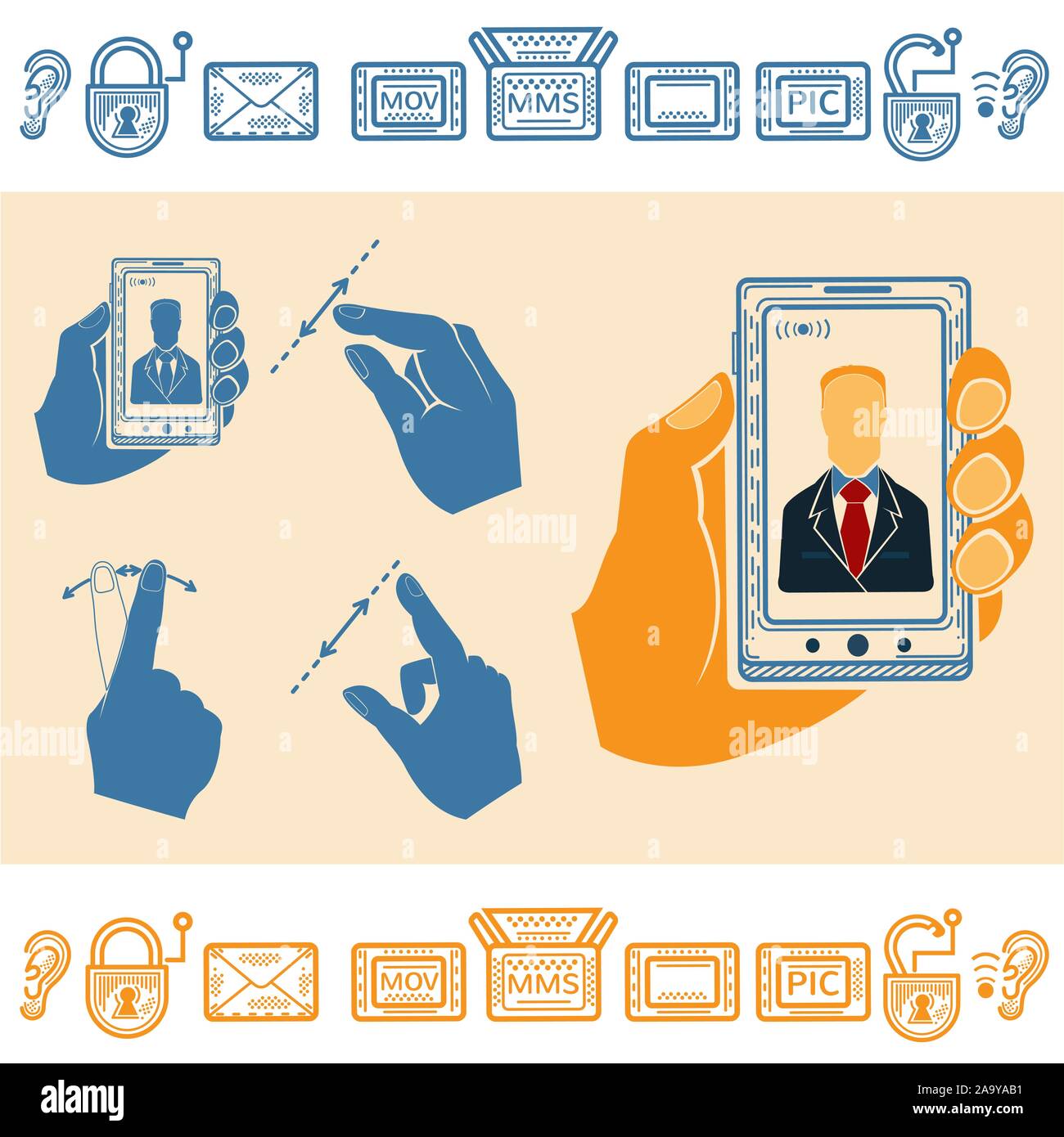 Set of Hand Holding Upright Mobile Phone With Man on Screen. Flat and ...