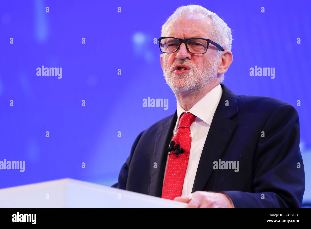 Leader of the Labour Party, Jeremy Corbyn makes a keynote political speech during the annual Confederation of British Industry (CBI) conference held in London. Stock Photo