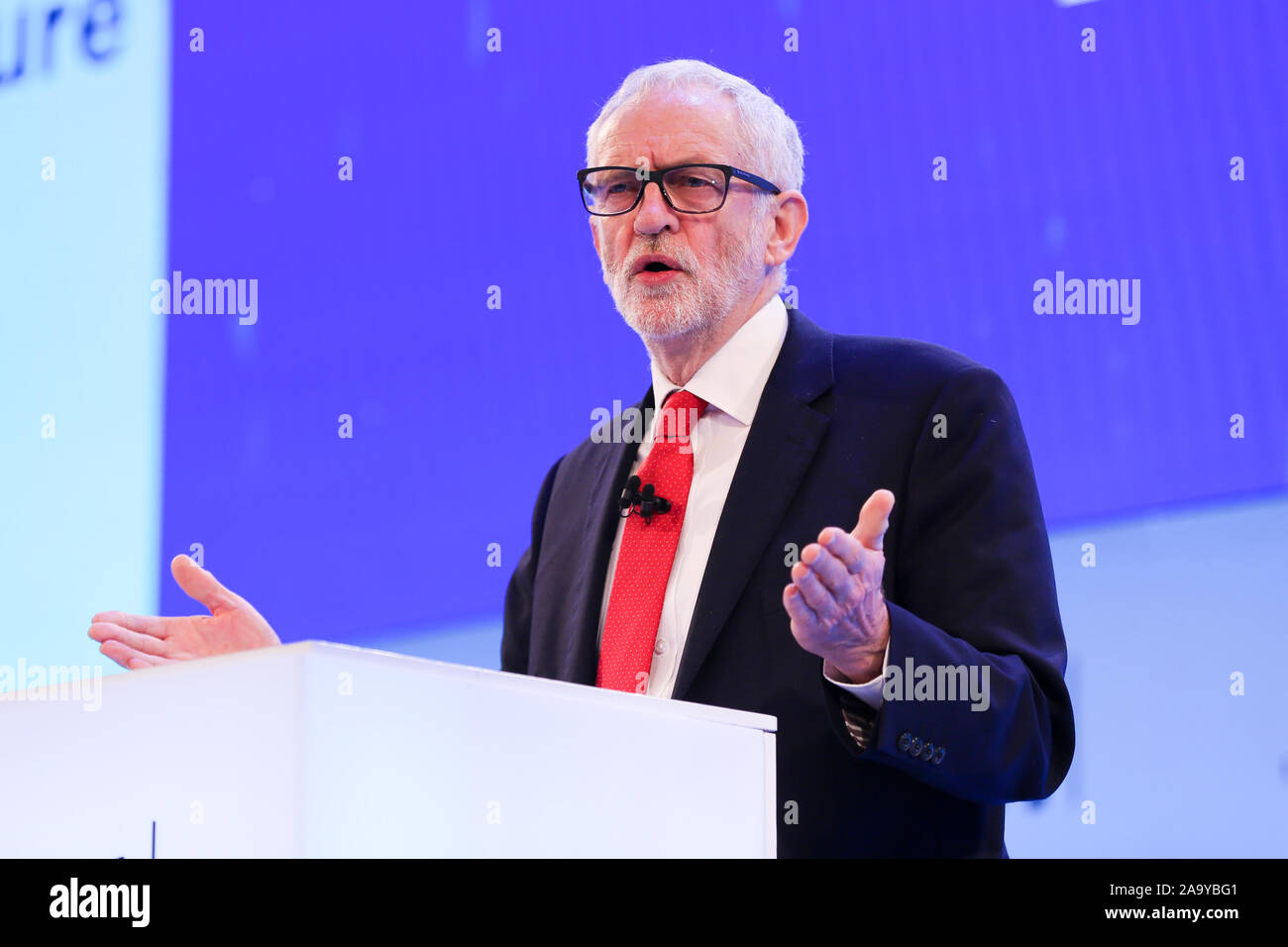 Leader of the Labour Party, Jeremy Corbyn makes a keynote political speech during the annual Confederation of British Industry (CBI) conference held in London. Stock Photo