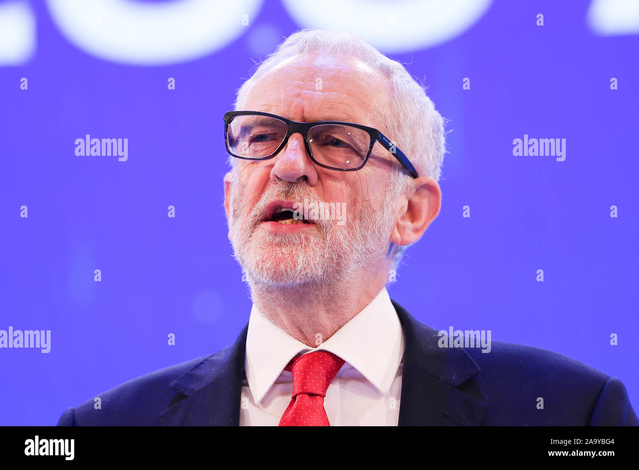 Leader of the Labour Party, Jeremy Corbyn makes a keynote political speech during the annual Confederation of British Industry (CBI) conference held in London. Stock Photo