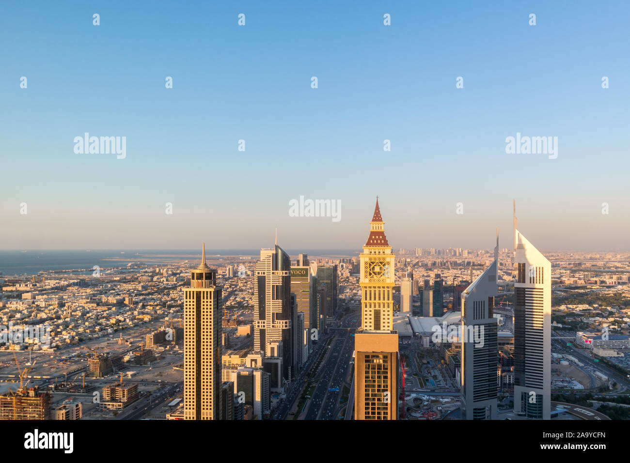Aerial view of the iconic Sheikh Zayed road Skyscrapers and landmarks ...