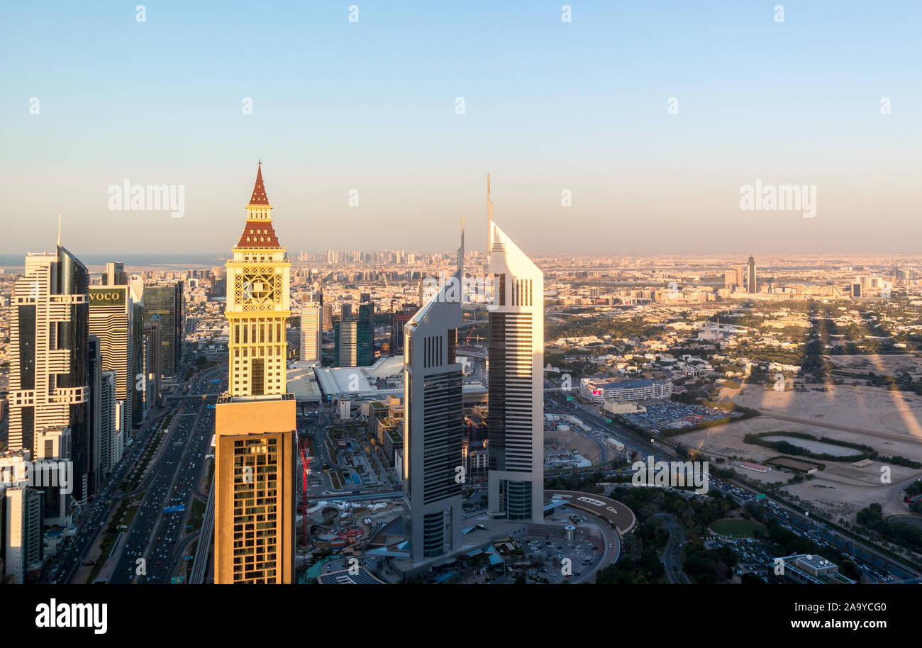 Aerial view of the iconic Sheikh Zayed road Skyscrapers and landmarks ...