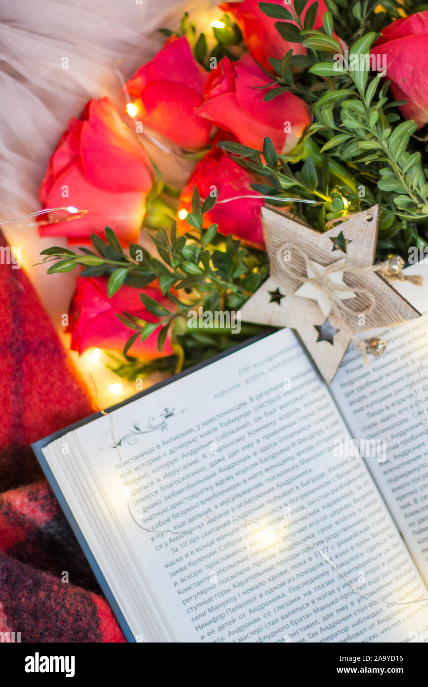 Composition: red roses with boxwood, a book, a garlands, red blanket and star. Stock Photo