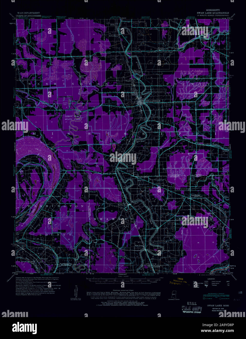 USGS TOPO Map Mississippi MS Swan Lake 337112 1939 62500 Inverted ...