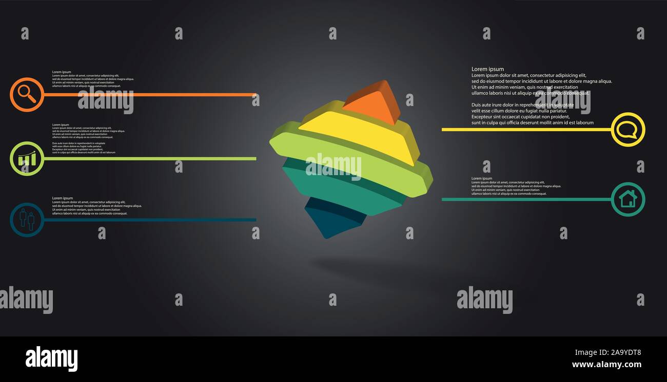 3D illustration infographic template. The embossed bent rhomb is horizontally divided to five color parts. Object is askew arranged on grey black back Stock Vector