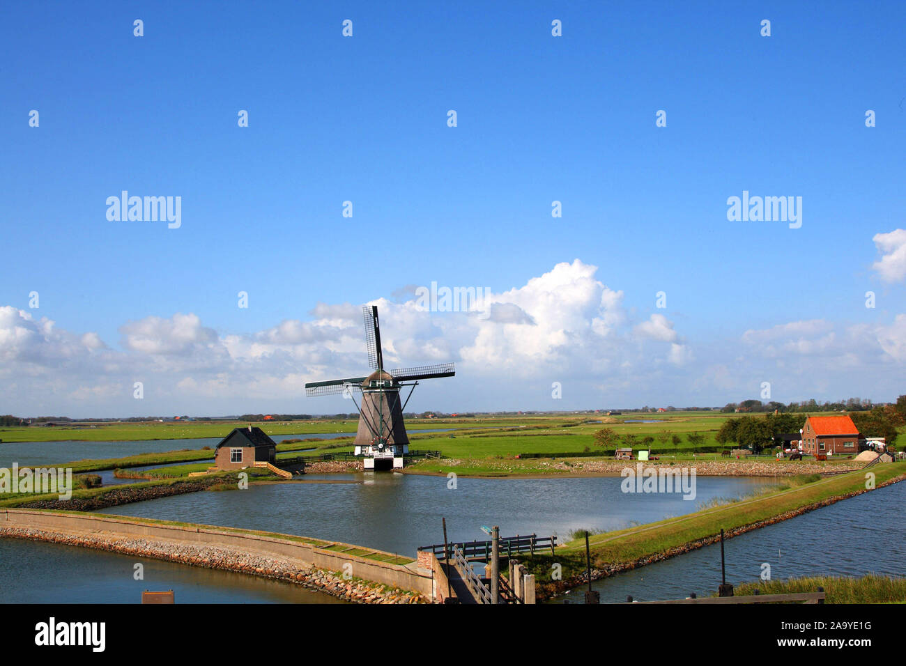 Insel Texel mit Windmuehle und Polder Stock Photo